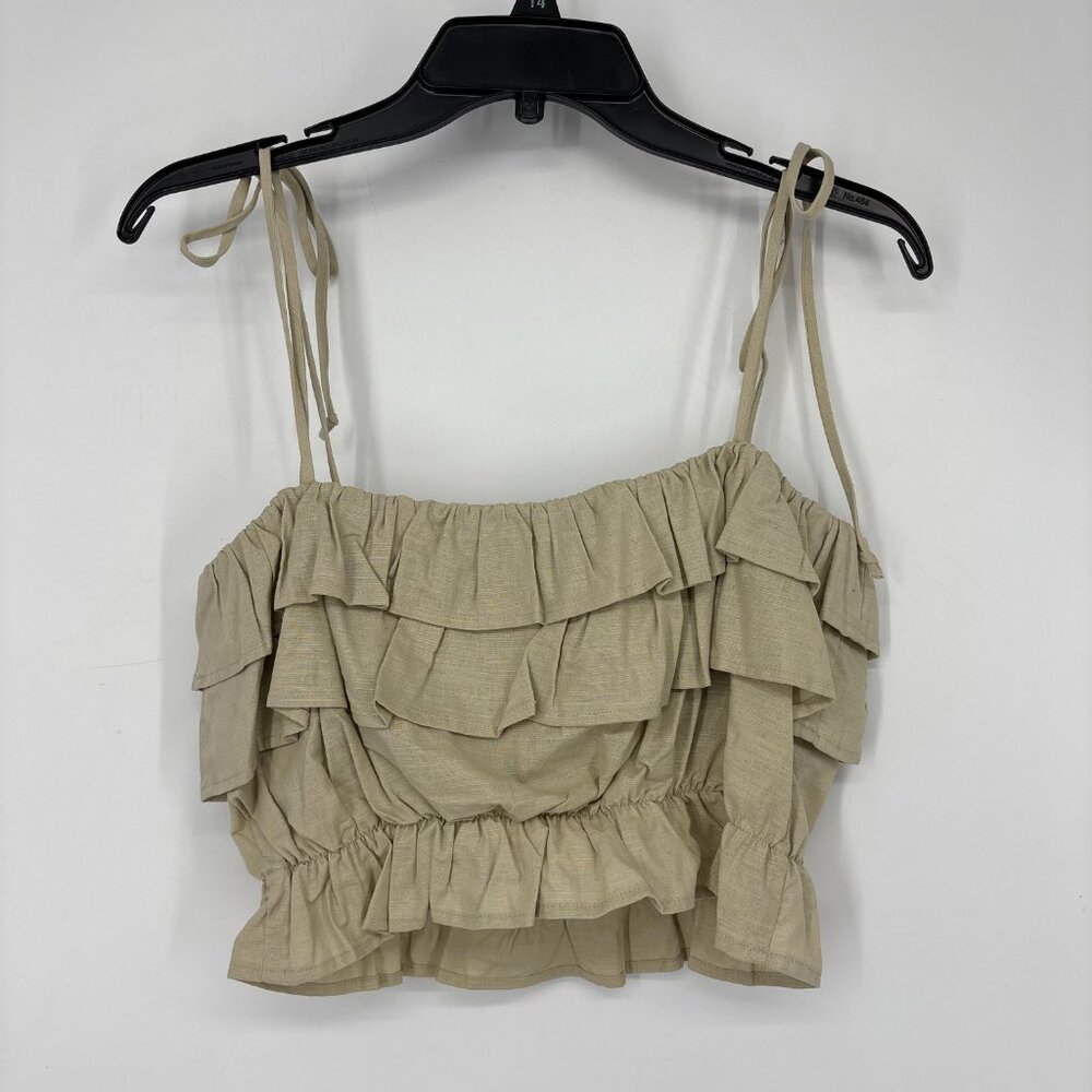 Aqua Women's Linen-Blend Tie Straps Ruffle Cropped Tank Top Green Size S NWT - Picture 2 of 5